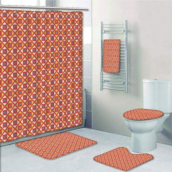 PRTAU Kids Checked with Dots in Squares Diagonal Geometrical Retro Marigold Scarlet Sky 5 Piece Bathroom Set Shower Curtain Bath Towel Bath Rug Contour Mat and Toilet Lid Cover