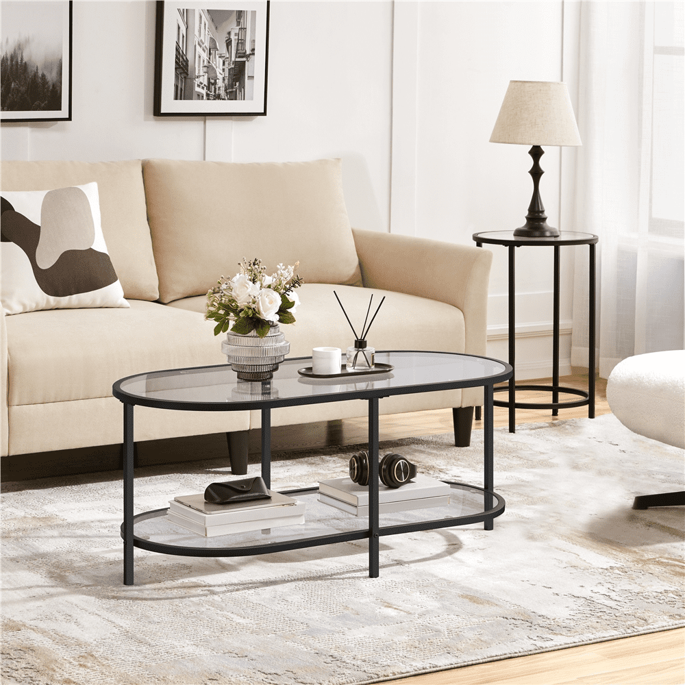 Yaheetech Modern 2-Layer Tempered Glass Oval Coffee Table, Black