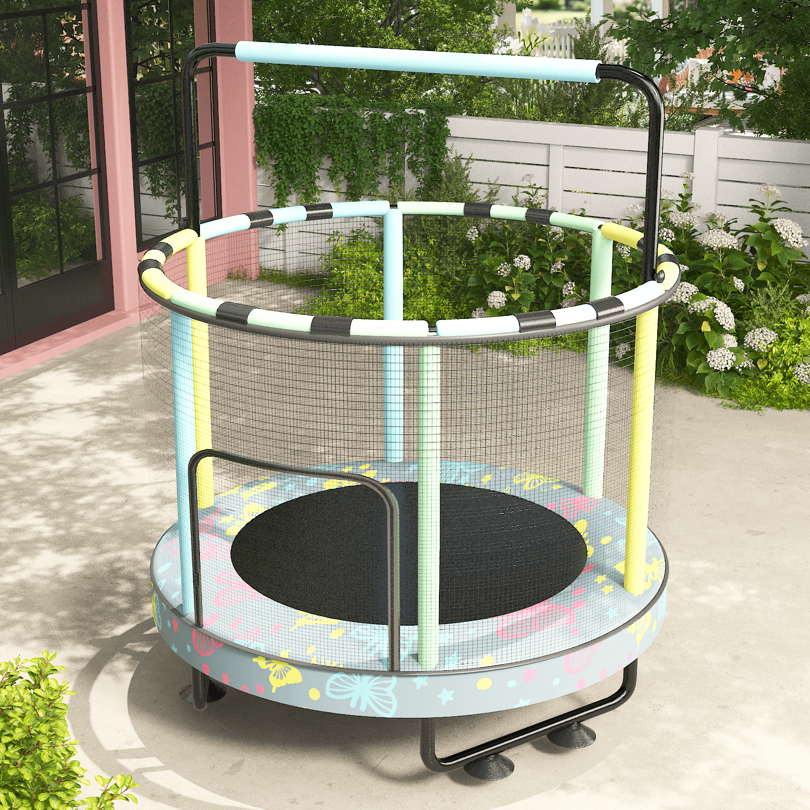 Mieres 55" 7-in-1 Upgraded Kids Trampoline with Swing & Basketball Hoop, Reinforced Safety Design with Adjustable Height & Net for Ages 3-8, 500lbs Capacity, In/Outdoor Play Center, Pink Butterfly