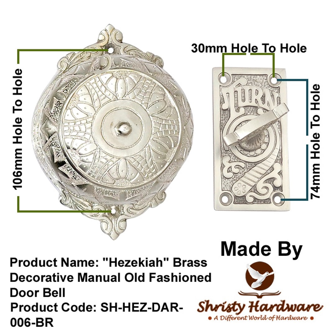 Shristy Hardware "Hezekiah" Brass Manual Old Fashioned Door Bell – Vintage Twist Bell with Key Plate – Mechanical Doorbell for Home – (Pack of Satin Nickel Finish) PT-2