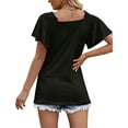 thumbnail image 3 of Camisa de manga corta para mujer, cuello en V plisado, manga con volantes, camisa con hombros descubiertos para mujer, Top para fiesta diaria de verano, negro L, 3 of 6