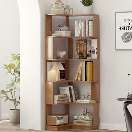S-HOME Versatile 6 Tier Corner Bookshelf Freestanding Organizer With Anti-Tip Device For Living Room And Bedroom Dark Oak