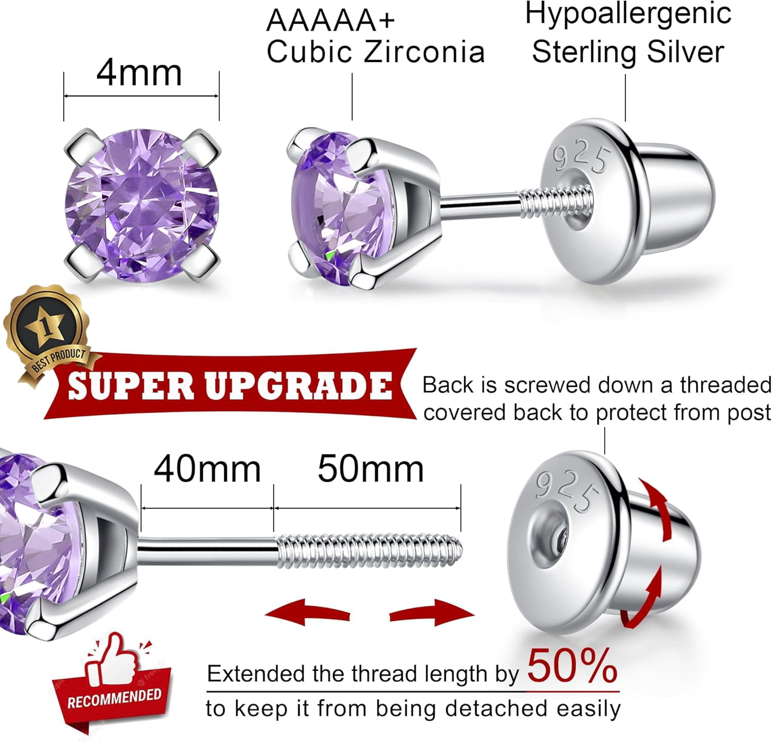 925 Sterling Silver Earrings Stud With Screwback Cubic Zirconia For Women Earring With Screw Backs Cz Hypoallergenic (Cz-White)[Z5959]