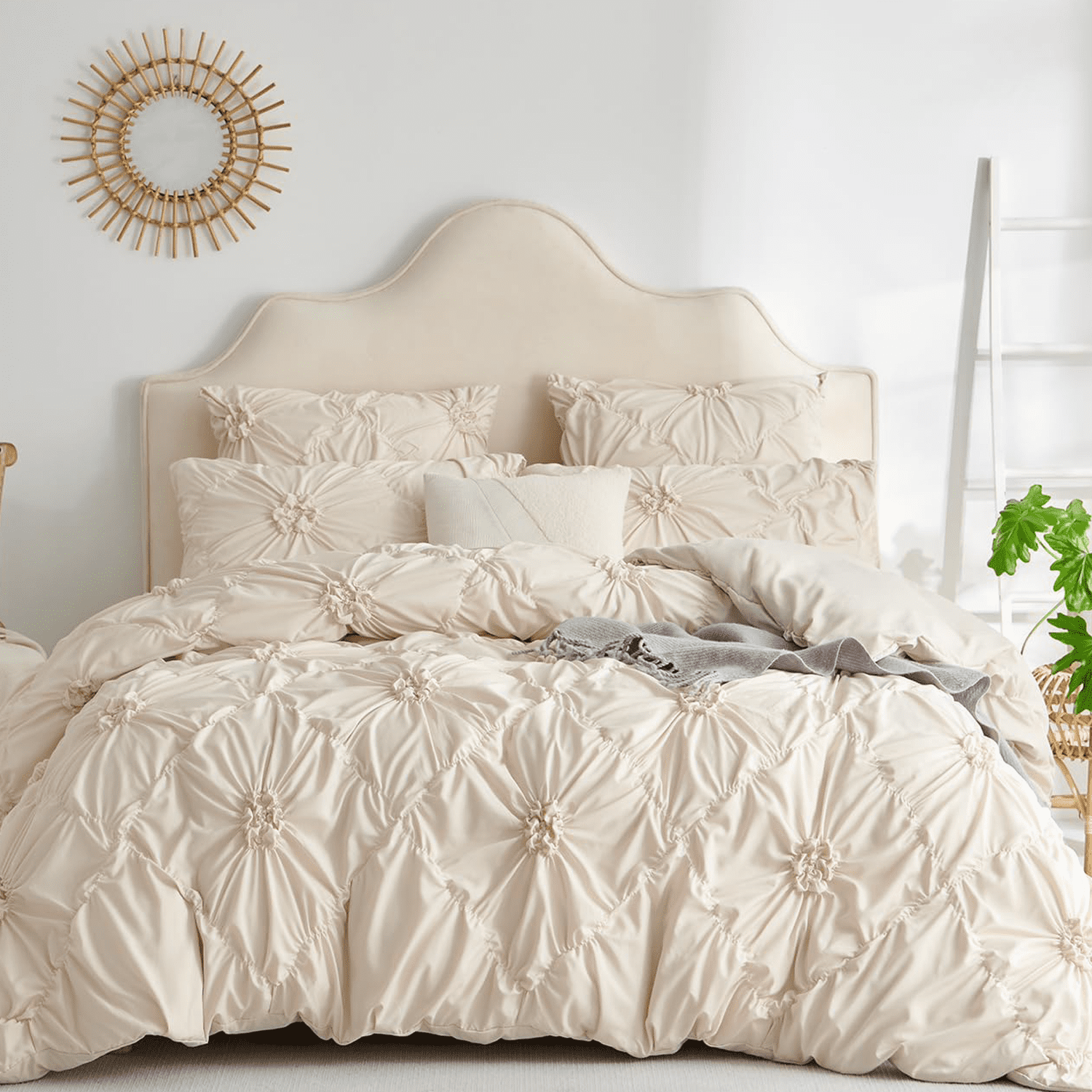 JOLUSERE Rustic French Style Beige Duvet Cover Sets King Size, Textured Flower Pinch Pleated Solid Luxury Bedding Sets