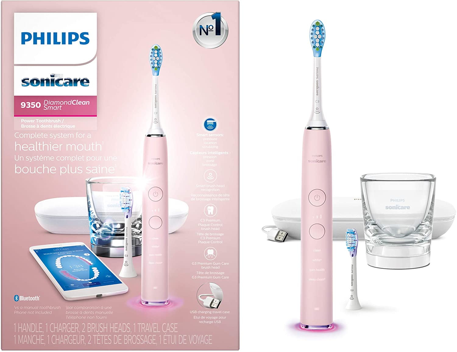 Philips Sonicare DiamondClean 9350 Rechargeable Electric Toothbrush with  Travel Case HX9902/65, Pink