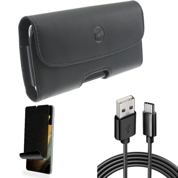 Privacy Screen Protector & 6ft USB Cable & Case Belt Clip for Samsung Galaxy S21 Ultra Phone - TPU Film Fingerprint Works & Type-C Charger Cord & Leather Holster Accessory Bundle