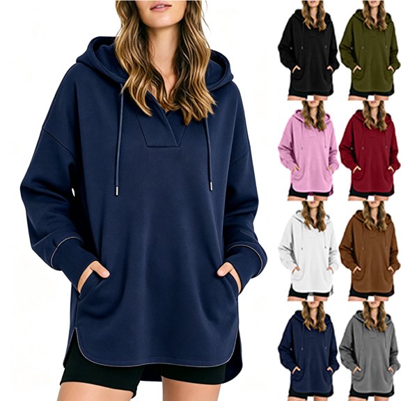 Hooded for Women Dqueduo Women's Casual Long Sleeve Hoodie Sweatshirt – Solid Color High-Low Hem Navy L