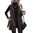 thumbnail image 5 of Women Fall Spring Vest Coat with Belt Lace-up Waist Turn-down Collar Smooth Faux Leather Mid Length Cardigan Commuting Shopping Lady Waistcoat, 5 of 8