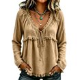 thumbnail image 2 of longantii Boho Tops For Women Vintage V Neck Long Sleeve Shirts Frayed Raw Hem Gauze Blouses Relaxed Empire Waist Beach Vacation Outfit Brown S, 2 of 6