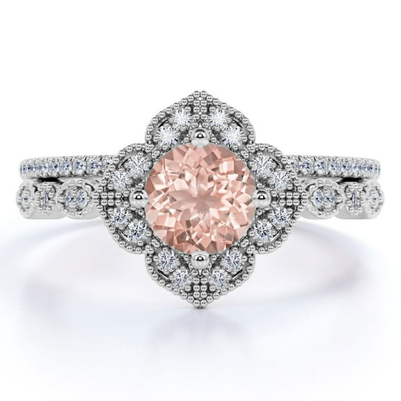 JeenMata Art Deco 1.5 Carat Round Cut created morganite and Moissanite Bridal Wedding Ring Set with Engagement Ring and Wedding Band in 18k Gold Over Silver