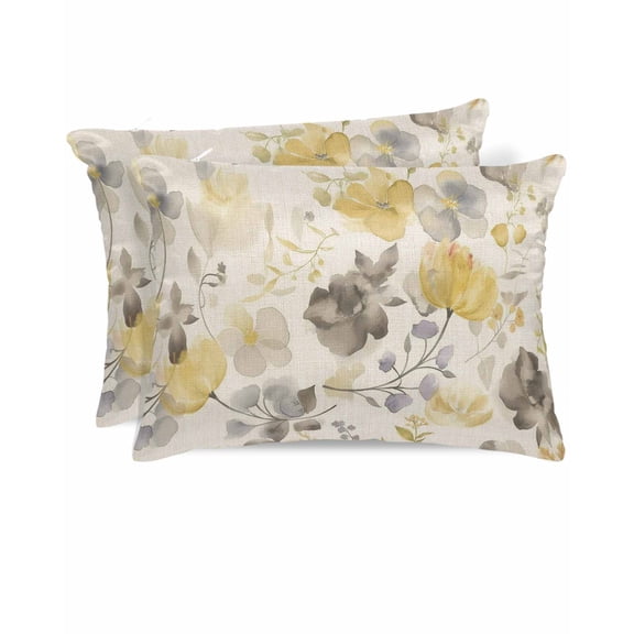 Hokiten Pillow Cases Queen Size Set of 2, Couch Pillow Covers, Yellow Grey Botanical Satin Pillowcases with Zipper for Hair/Skin, Pillow Protector Cover, Spring Floral Watercolor Rustic 20x30 Inches