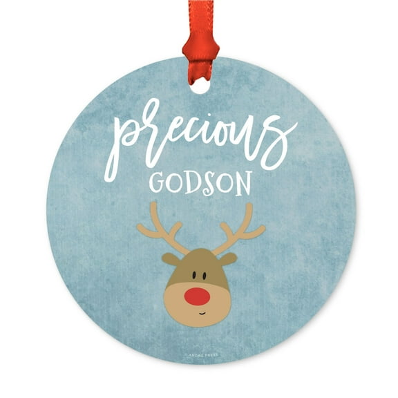 Metal Christmas Ornament, Precious Godson, Reindeer, Includes Ribbon and Gift Bag