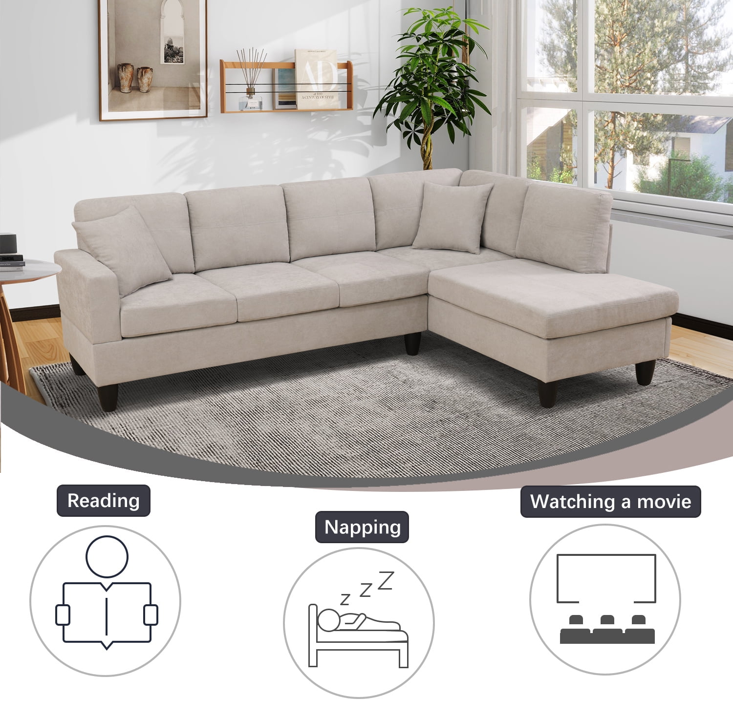 Wzlam Sectional Couch for Living Room Furniture Sets, Off-White Short Fur Fluffy Fabric L Shape Chaise, Modern 3 Piece Small Sofa Sets for Bedrooms, Apartments and Offices(Facing Right Chaise)