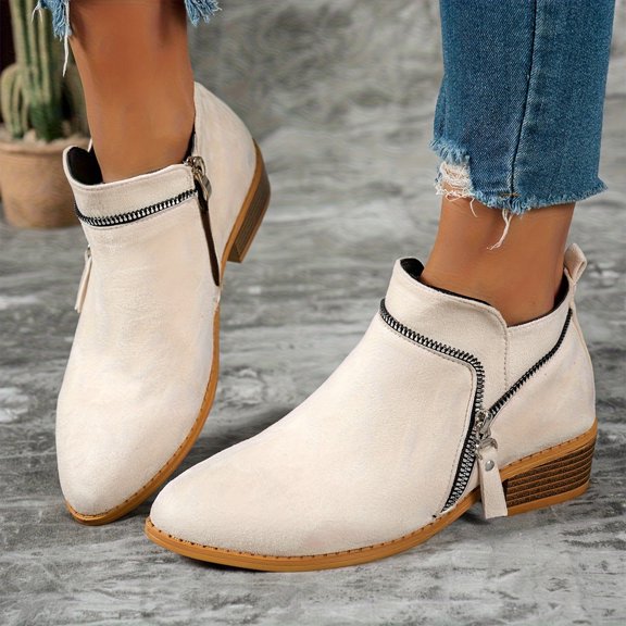 Women's Chunky Low Heel Short Ankle Boots, Suede Low Heel Side Zipper Casual Booties with Breathable Lining and Cushion Sole, Trendy Footwear for Daily Party Wear