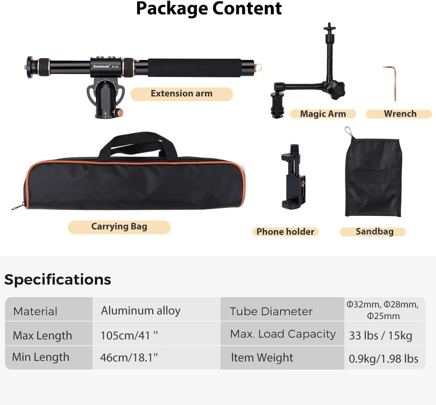 Koolehaoda Tripod Extension Arm 41" Retractable Horizontal Center Column 360° Rotatable 180°Vertical Adjustable Tripod Boom with Sandbag for Camera Macro Overhead Photography, Load Up to 33lbs