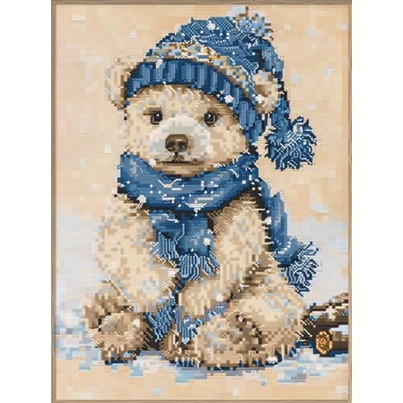 Cute Little White Bear Wear Scarf in Snow DIY 11CT Stamped Cross Stitch Kits for Beginners Easy Needlepoint Embroidery Counted Cross Stitch Art Craft for Wall Decoration 12x16inch(1)