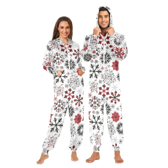 Adult Christmas Onesie Christmas Snowflakes Adult Zipper One-Piece Pajamas Unisex Pajamas with Pockets