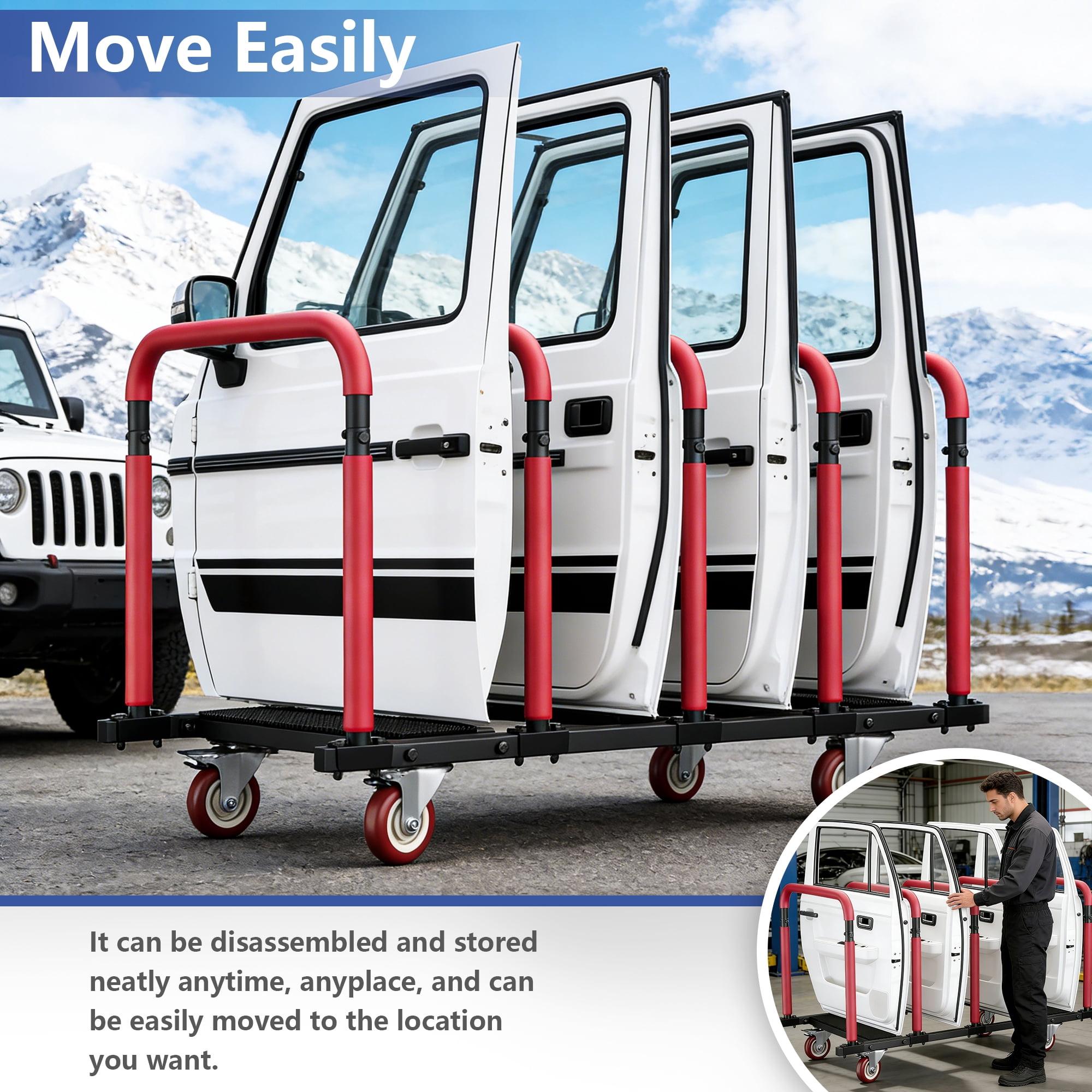 YOHKOH Jeep Door Storage Rack with Lockable 4" Casters – Heavy-Duty Movable Stand for Jeep Wrangler JK JL, Gladiator JT & Ford Bronco 2/4 Door