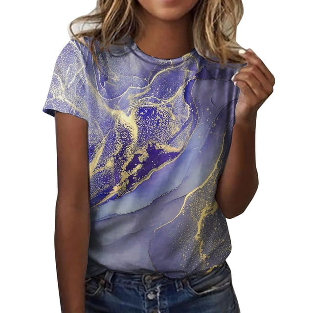 asddcavvf Blouse for Women Womens Daily Summer Water Color Print O Neck Tank Tops Short Sleeve Worko