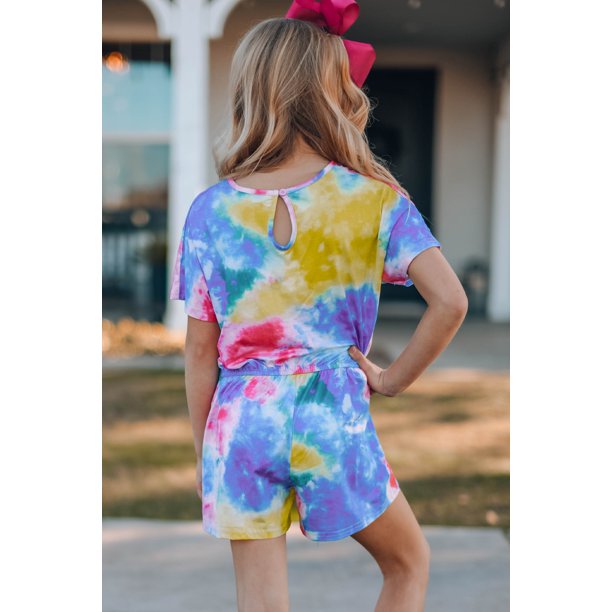 ABPHQTO Mameluco de niña de manga corta con efecto tie-dye amarillo para mujer