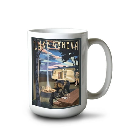 

15 fl oz Ceramic Mug Lake Geneva Wisconsin Bear Family at Campsite Dishwasher & Microwave Safe