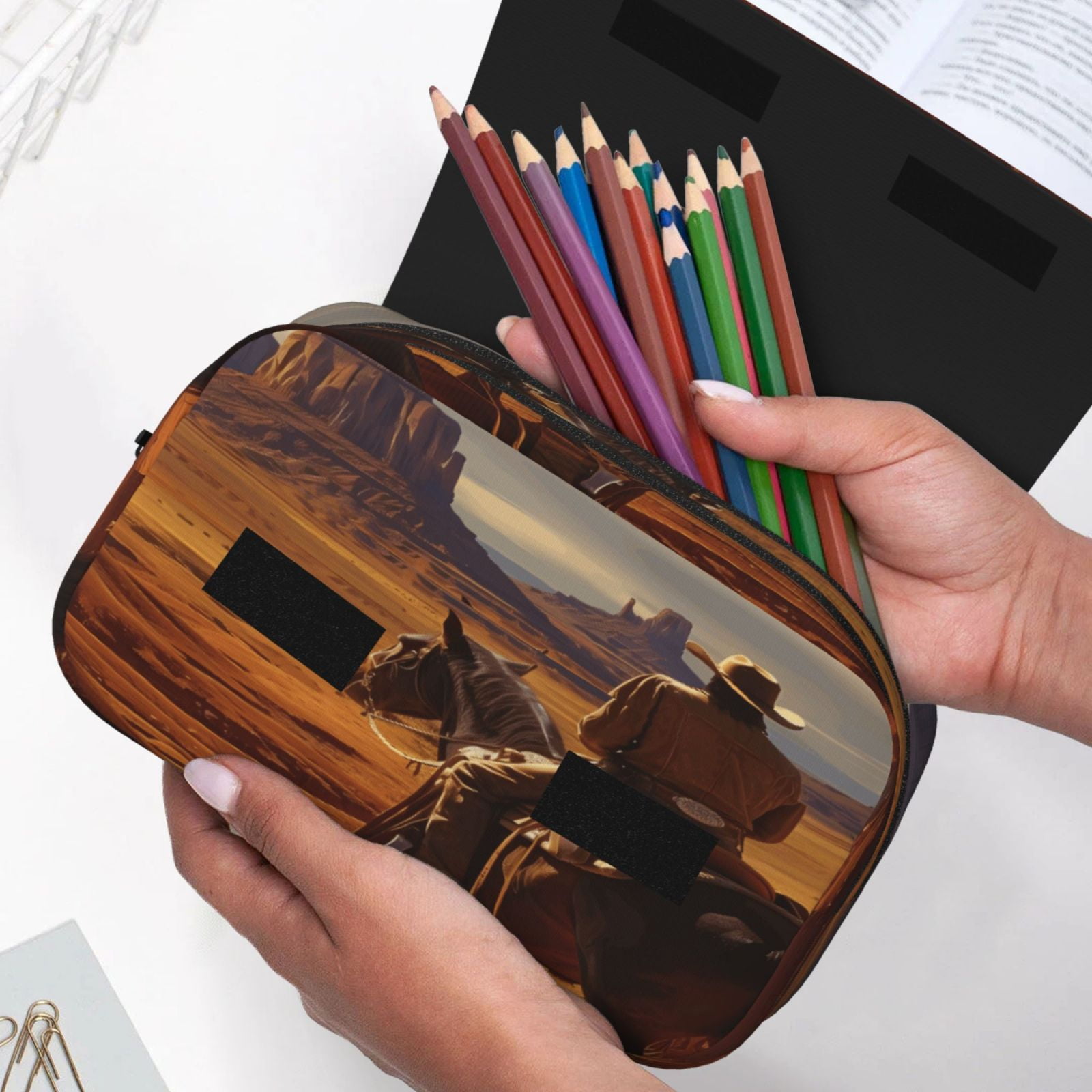 Rateoe Western Desert Cowboy Cloud Pattern Double Clamshell Pen Case, Storage Organizer with Two Zipper Compartments– Holds Up to 50 Pencils & Pens