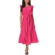 thumbnail image 1 of Vestido midi casual sin mangas con volantes para mujer Inspire Chic, con cuello redondo, plisado, fluido y con cinturón, color rosa intenso, 1 of 6