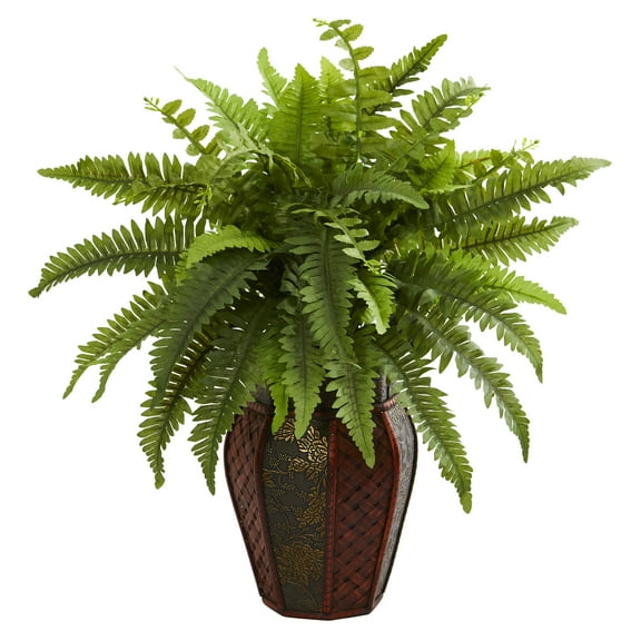 Nearly Natural Plastic 20" Boston Fern Artificial Plant in Decorative Planter, Green