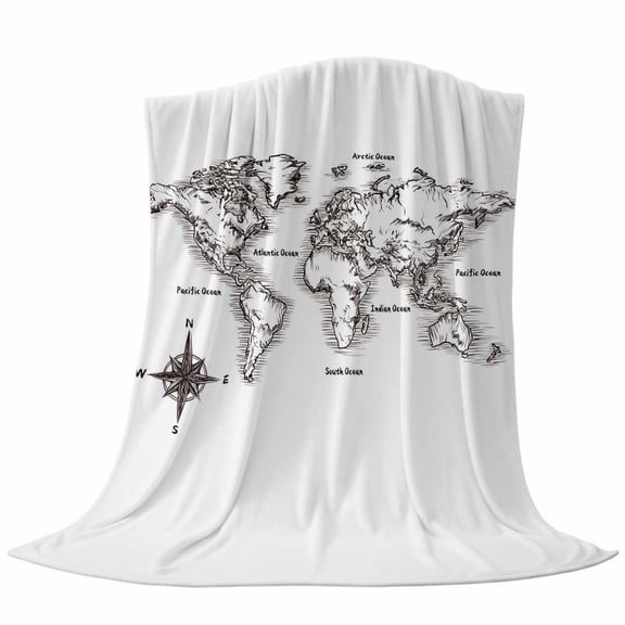 Sea Map Throw Flannel Blanket Vintage Black White Nautical Travel World Map Compass Super Soft Cozy Bed Blanket, Lightweight Plush Fuzzy Bed Throw for Bedroom Sofa Couch Living Room 40x50In,