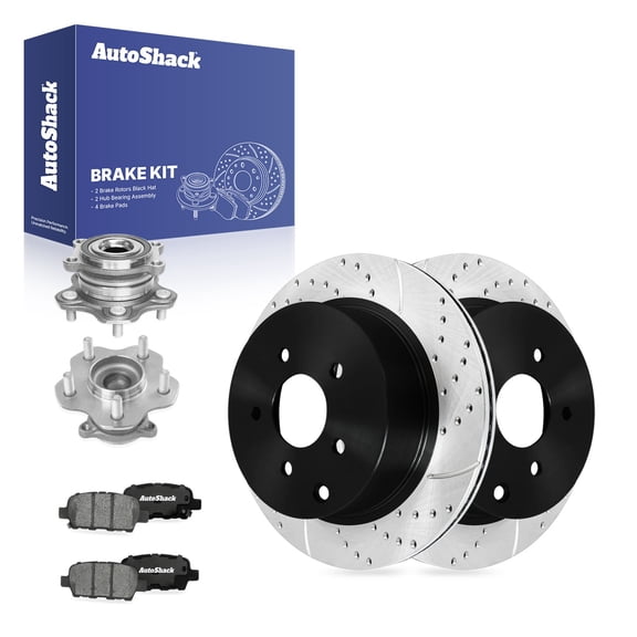 AutoShack Rear Vented Drilled & Slotted E-Coated Brake Rotors   Ceramic Pads   Hub Bearing Assembly 8-PC Brake Kit Replacement for 2013-2020 Nissan Pathfinder ShadowGuard 12.12" (307.8 mm)