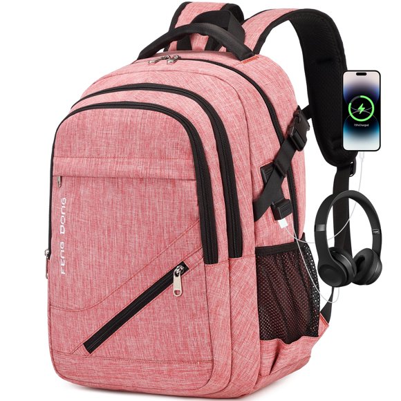 Mochila FENGDONG para portátil grande de 17,3", impermeable, rosa claro