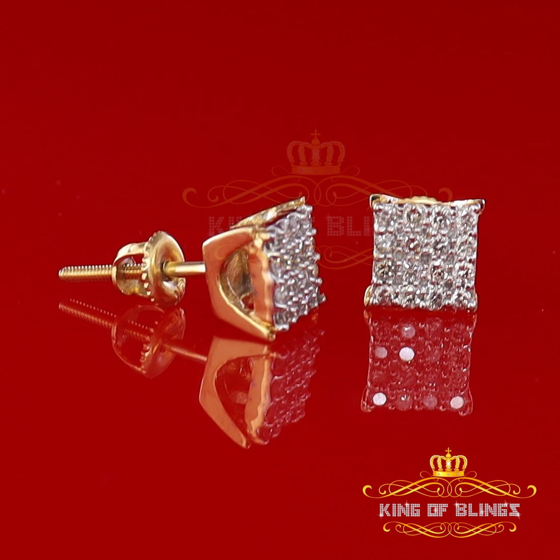 King of Bling's 10K Real Yellow Gold with 0.50 CT Diamond Square Stud Earring For Women And Men