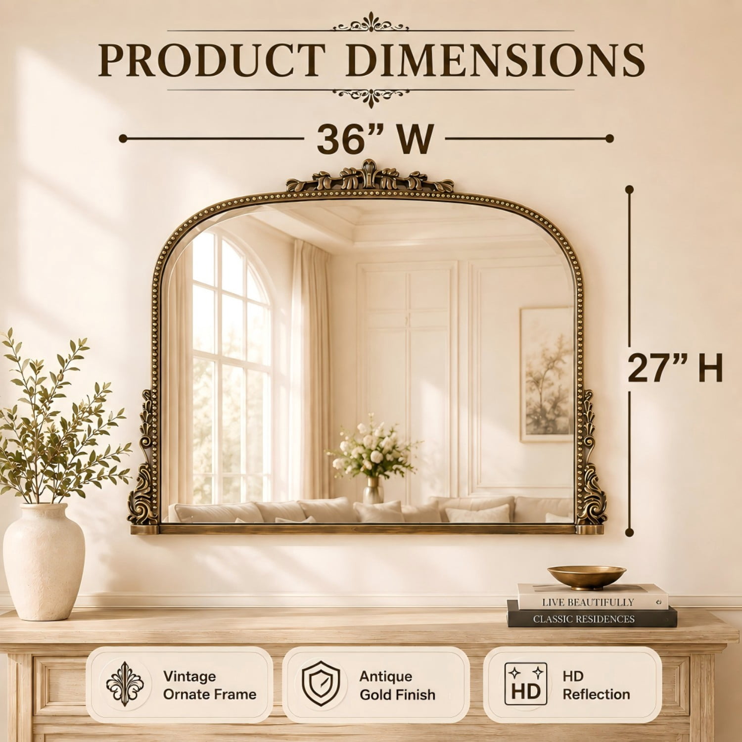 BEAUTYPEAK 36"x27" Vintage Bathroom Mirror Baroque Style Decorative Vanity Mirror Wall Mounted, Antique Gold