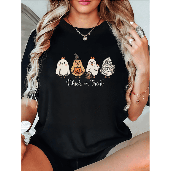Halloween Short Sleeve Round Neck Chicks or Treat Graphic Tee T Shirt Top Funny Slogan Design Black S-5XL