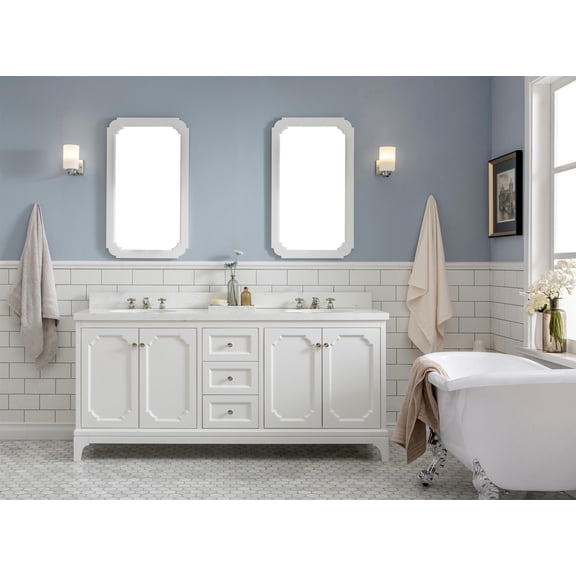 Water Creation Queen 72" Wood Double Bathroom Vanity in Pure White/Nickel