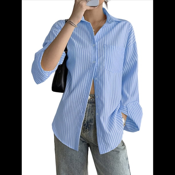 Camisas de Mujer con Botones, Camisas Formales A Rayas, Mangas Largas, Solapas, Camisas de Oficina, Blusas Azul XL