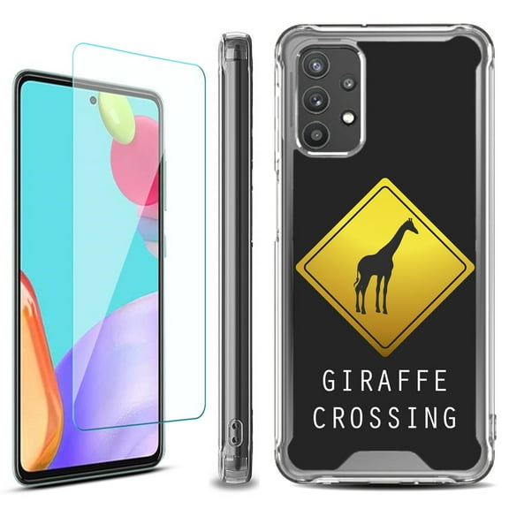 Shockproof Bumper Phone Case for Samsung Galaxy A53 5G, with Tempered Glass Screen Protector, by OneToughShield ® - Road Sign Giraffe