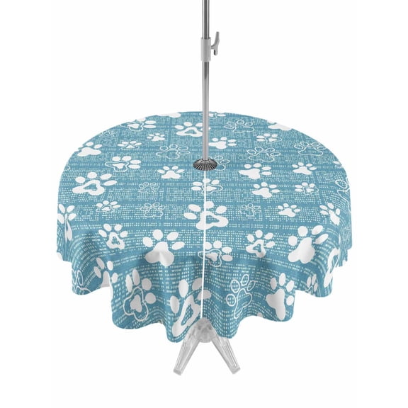 Outdoor Tablecloths with Umbrella Hole & Zipper, Teal Blue Dog Paw Round Tablecloths 60 Inch, Modern Geometric Abstract Aesthetics Waterproof Table Cloth, Patio/Pool/Picnic Table Covers