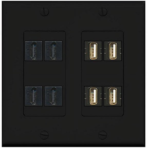 RiteAV - (2 Gang Decorative 4 USB A-A (Black) 4 HDMI Black Wall Plate Black