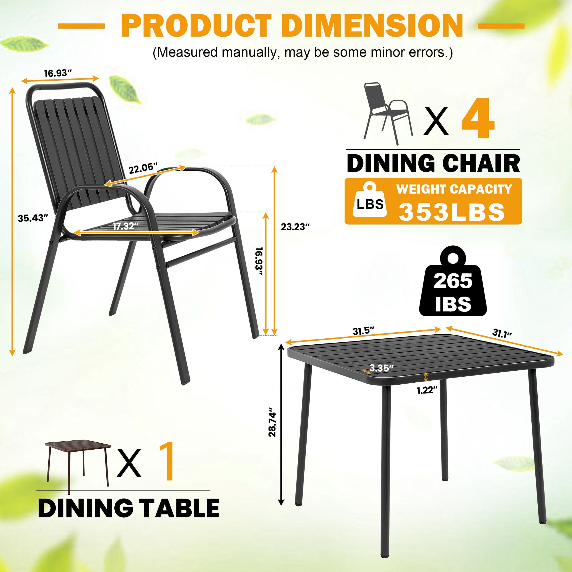 Clearance Outdoor Patio Dining Set for 4, Outdoor Furniture Plastic Table and Chairs, 5-piece Patio Set w/Square Table and Stackable Armchairs, Wood Grain Top, Heavy-duty Steel Frame, Black