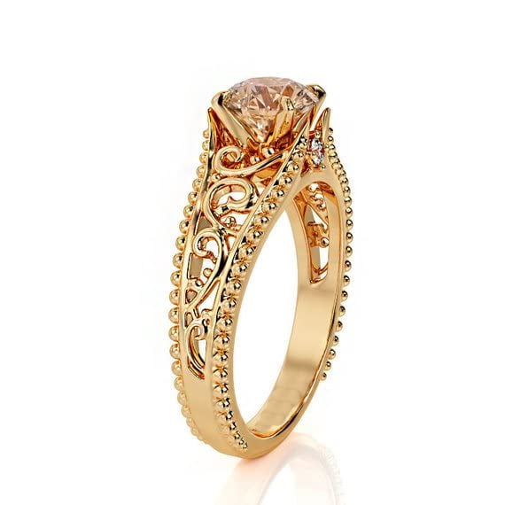 HeartsAndYou 1ct Natural Peach Morganite Birthday Ring 14k SOLID Rose Gold Art Deco Milgrain