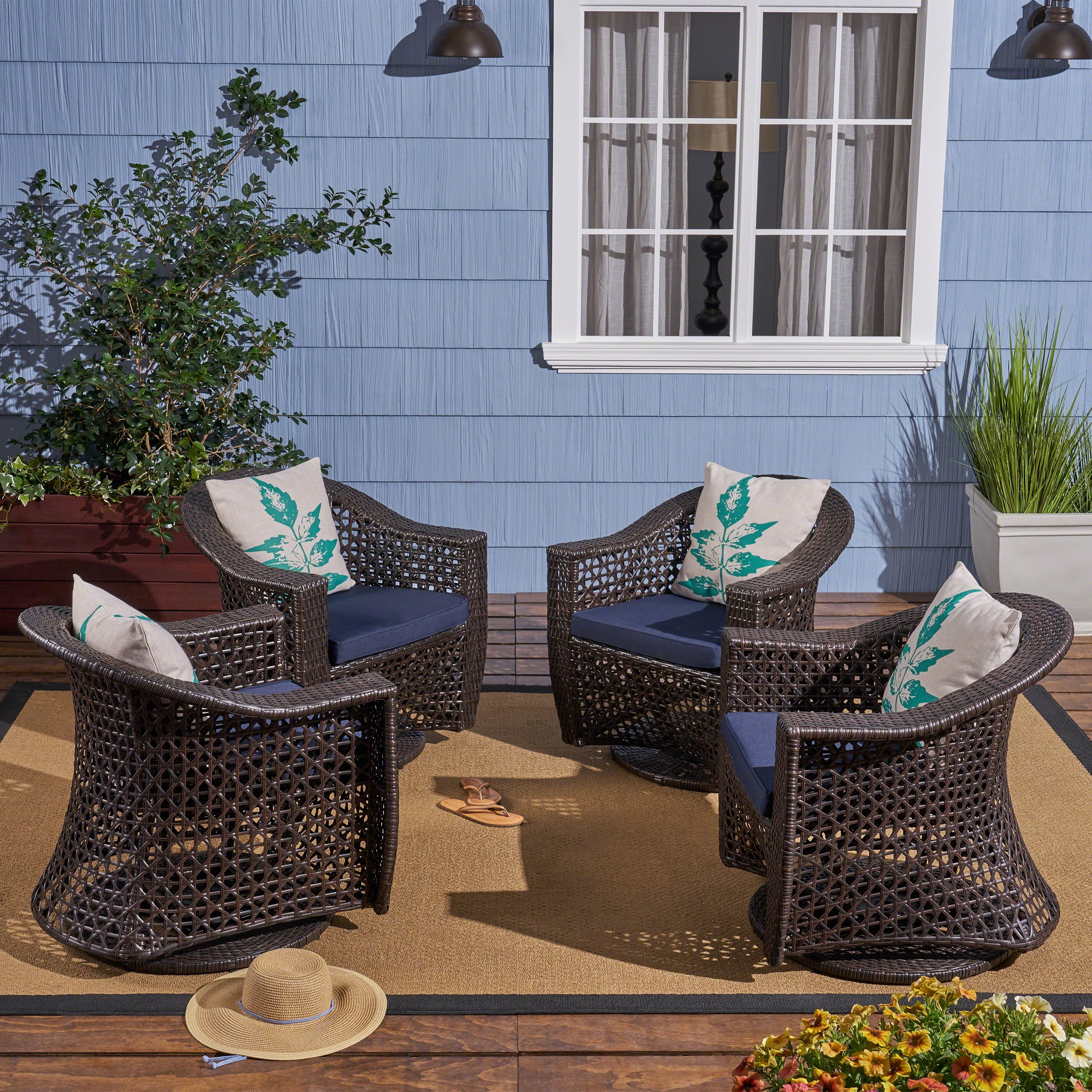 Zayn Outdoor Swivel Wicker Chairs with Cushions, Set of 4, Multi Brown
