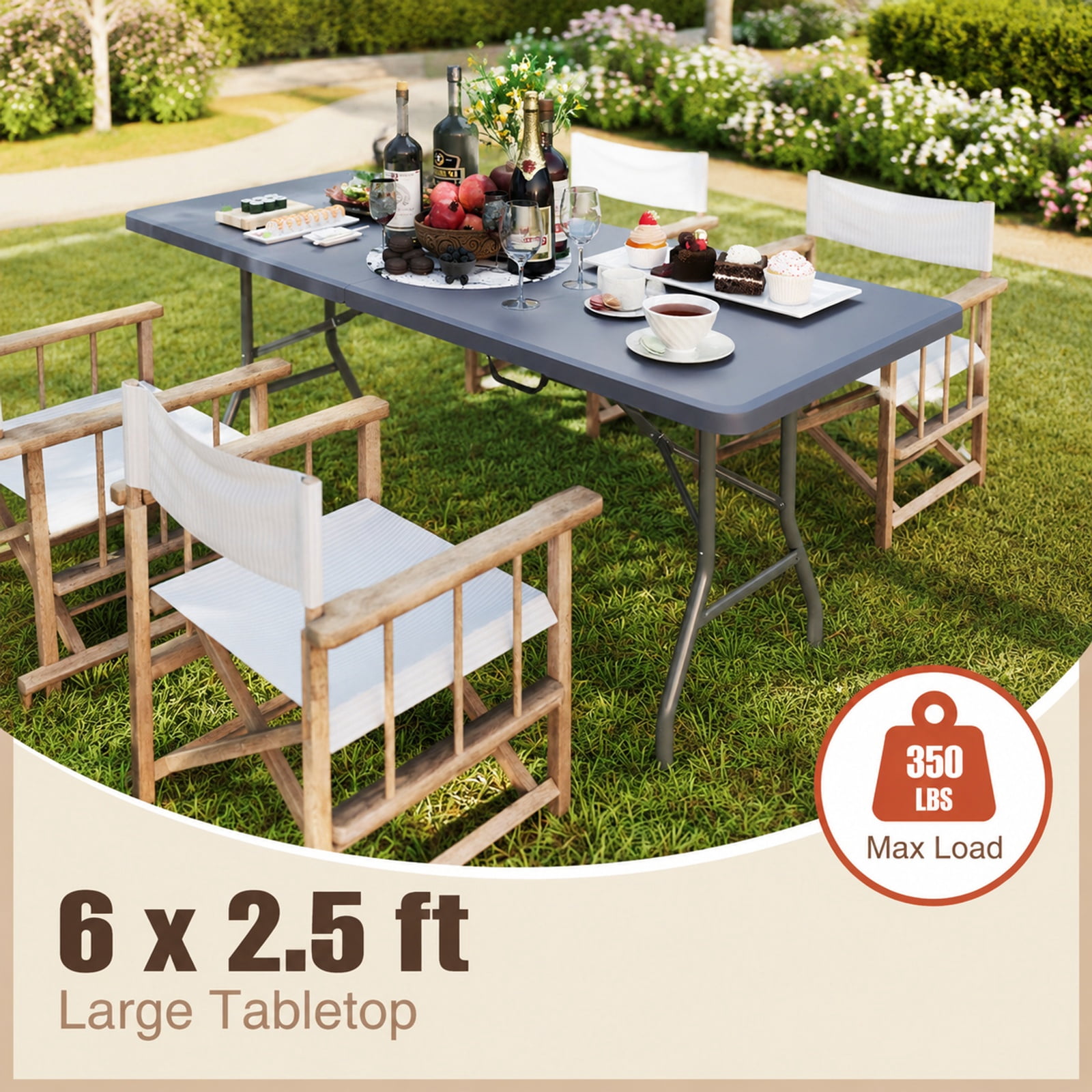 Vebreda 6 Foot Portable Folding Table with HDPE Tabletop and Fold in Half Design and Carry Handle for Picnic Party and Outdoor Events, Gray