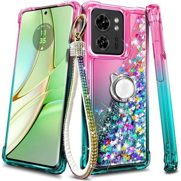 Compatible with Motorola edge (2023) Case / edge 40 case with Ring Holder/Wrist Strap, Nagebee Glitter Liquid Floating Waterfall Cute Phone Cover (Pink/Aqua)