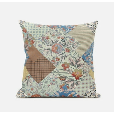 Arizona Floral Patches Suede Zippered Pillow W Insert in Orange Yellow 16 x 16