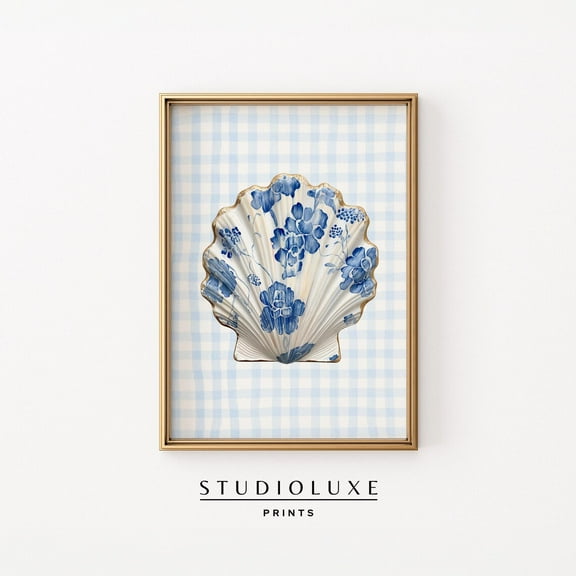 Modroom Blue Gingham Chinoiserie Shell Print | Coastal Grandmillennial Wall Art | Floral Seashell Illustration | Beach House Decor Print Wall Art, Modern Wall Decor, 8x12 UNFRAMED