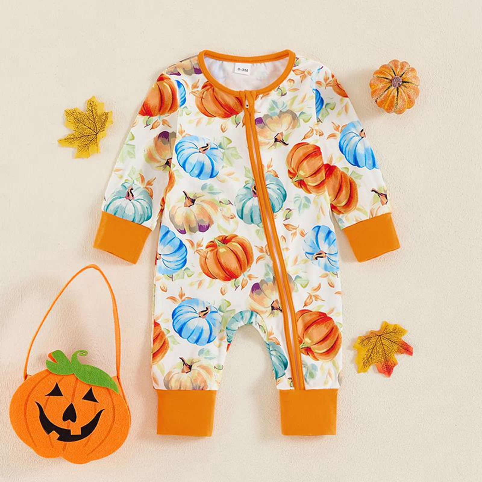 Bubble Romper Baby Girl Baby Halloween Fall Full Zip Jumpsuit Cartoon Pumpkin Print Long Sleeve One Piece Pajama Soft Comfort Baby Boy Bubble Romper Orange 0 Months-3 Months