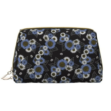 Sunflowers Blue White Makeup Bag, Large Capacity Travel Cosmetic Bag for Women Girls- Travel Toiletry Bag Leather Portable Waterproof Makeup Case Organizer with Handle