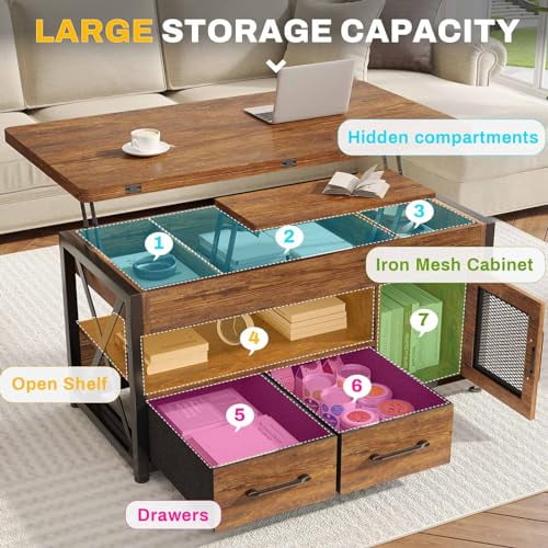 Itaar 40" Lift Top Coffee Table, 4 in 1 Coffee Tables with Storage Cabinet for Living Room, Small Farmhouse Coffee Table with 2 Fabric Drawers & LED Light for Dining Room, Rustic B