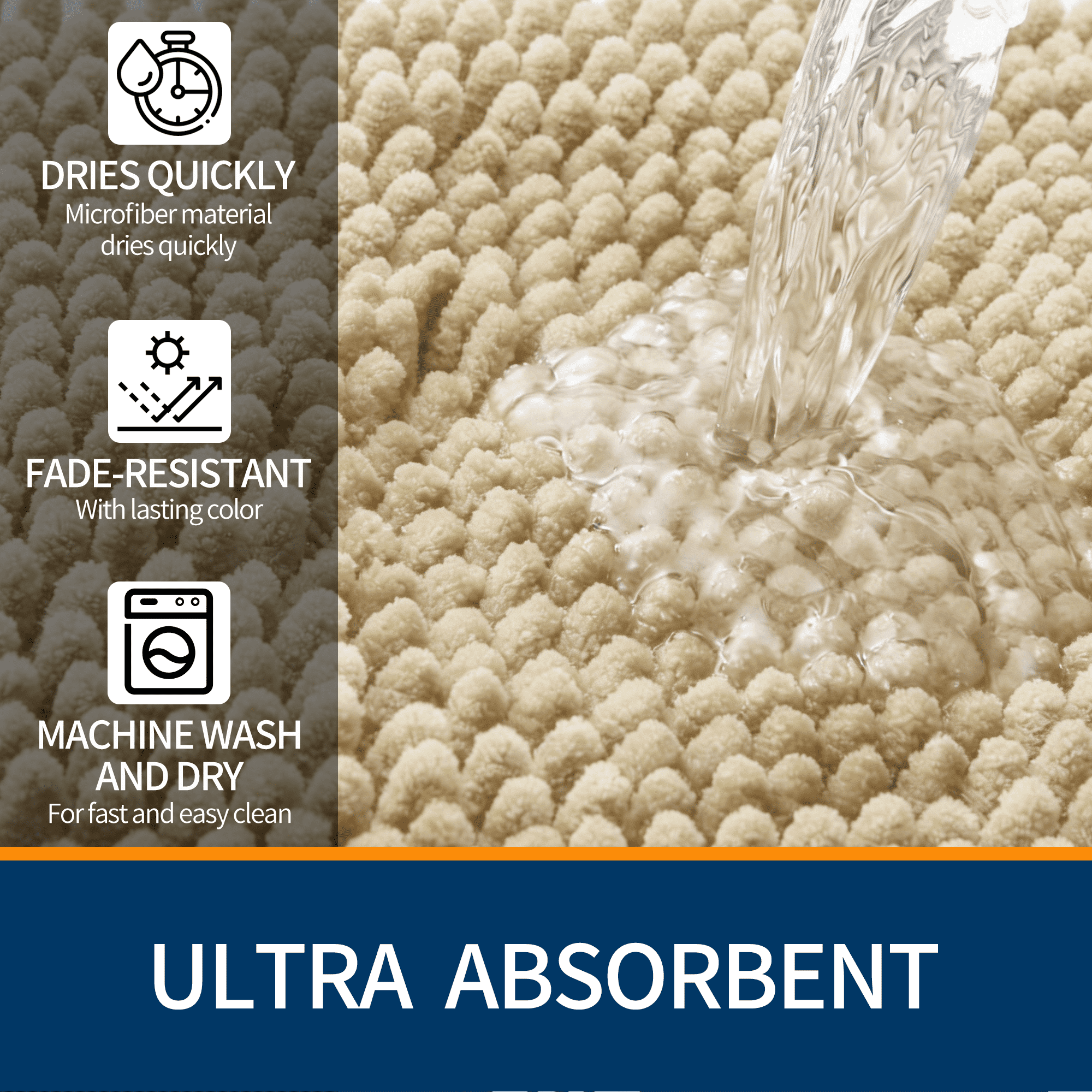 Wozola Chenille Bathroom Rug, Beige Ultra Soft Absorbent Bath Mat, Non-Slip Machine Washable Shower Floor Rug for Bathroom, Tub & Entryway, 24"x47"